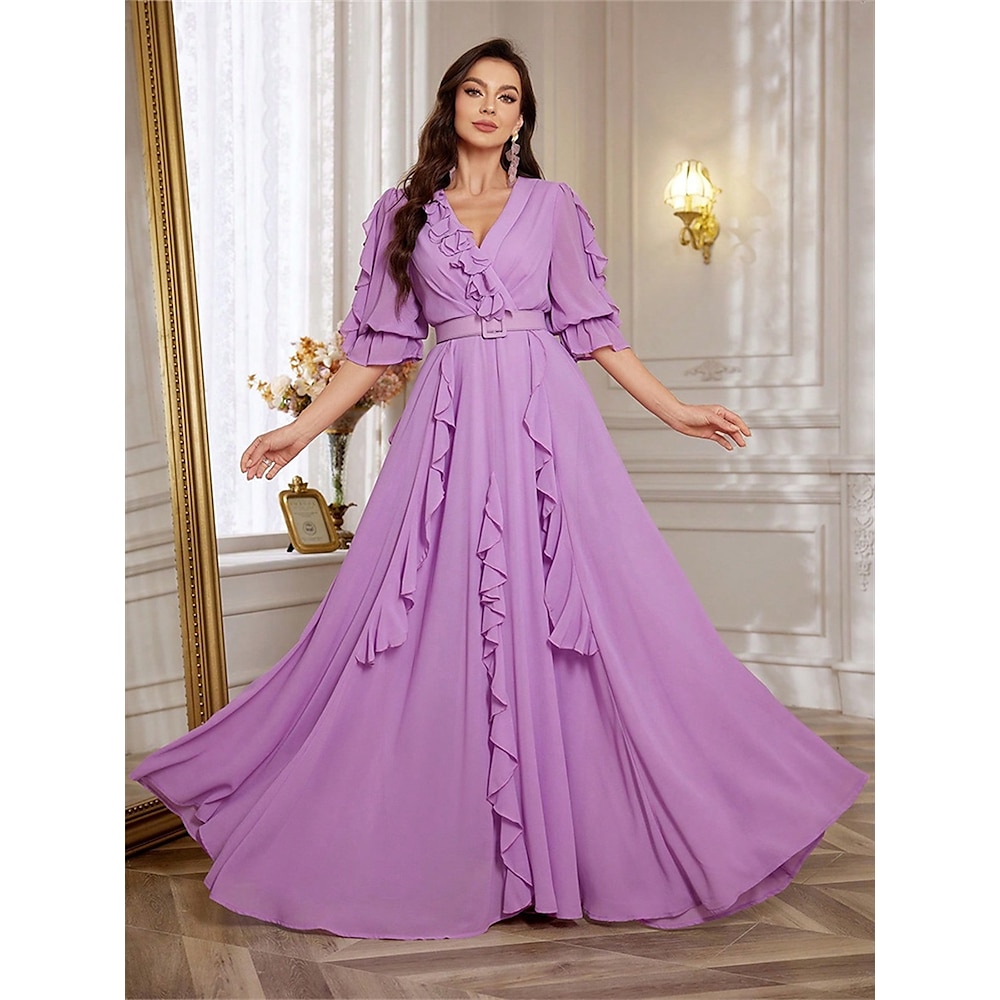 Kleid Brautmutterkleid Elegant Einfach Lässig V Ausschnitt Bodenlang Chiffon Langarm mit Schärpe / Band Falten 2025 Lightinthebox