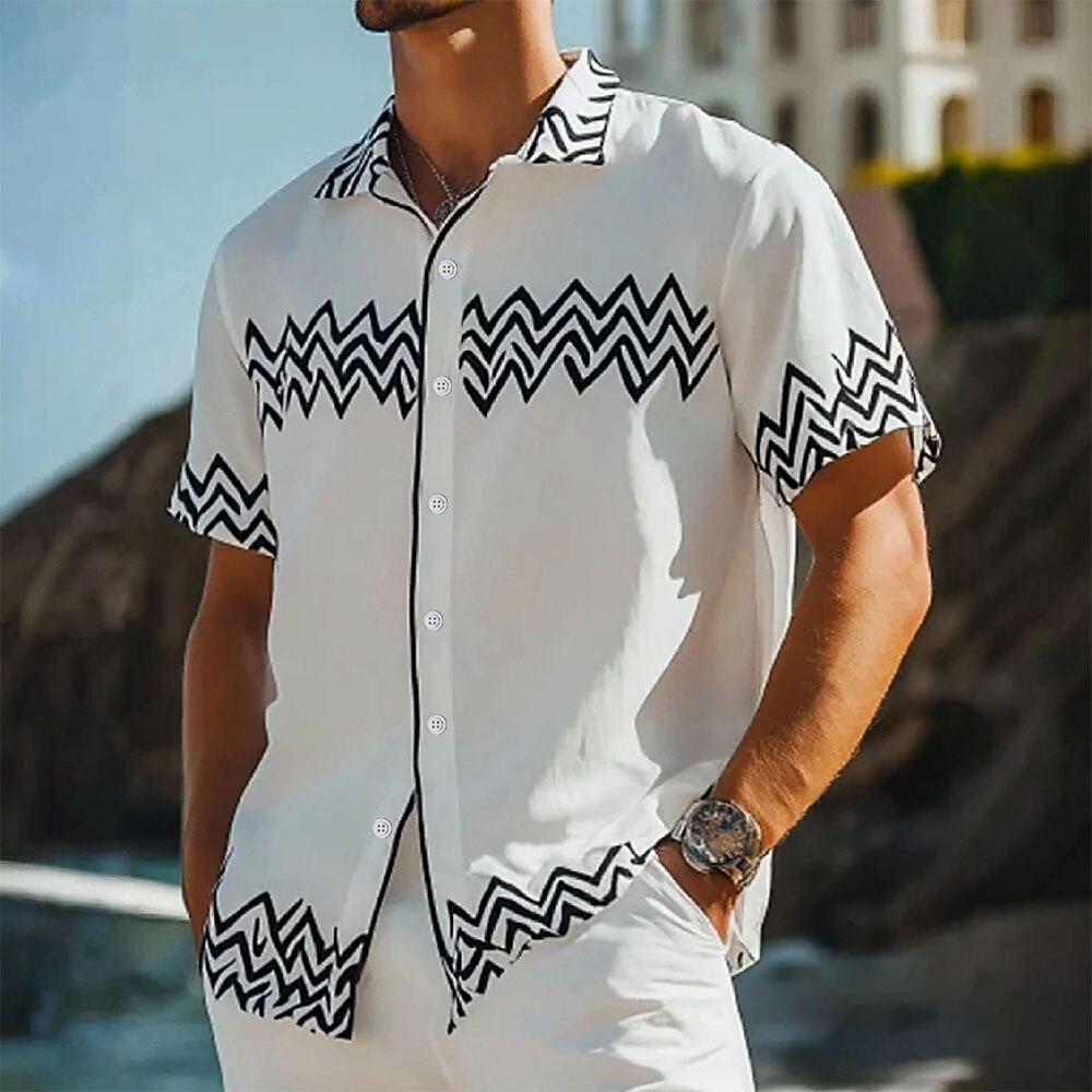 Herren Geometrisch Hemd Freizeithemd Knopfhemd Kurzarm Modisch lässig Outdoor Urlaub Streetwear Sommer Frühling Umlegekragen 3D-Druck Hemden mit Kragen Weiß Lightinthebox