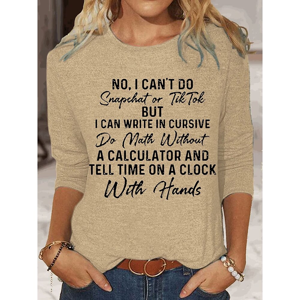 Damen T Shirt Grafik Buchstabe Lässig Langarm Rundhalsausschnitt Normale Oberteile Täglich Druck Schwarz Blau Khaki Frühling Herbst Lightinthebox
