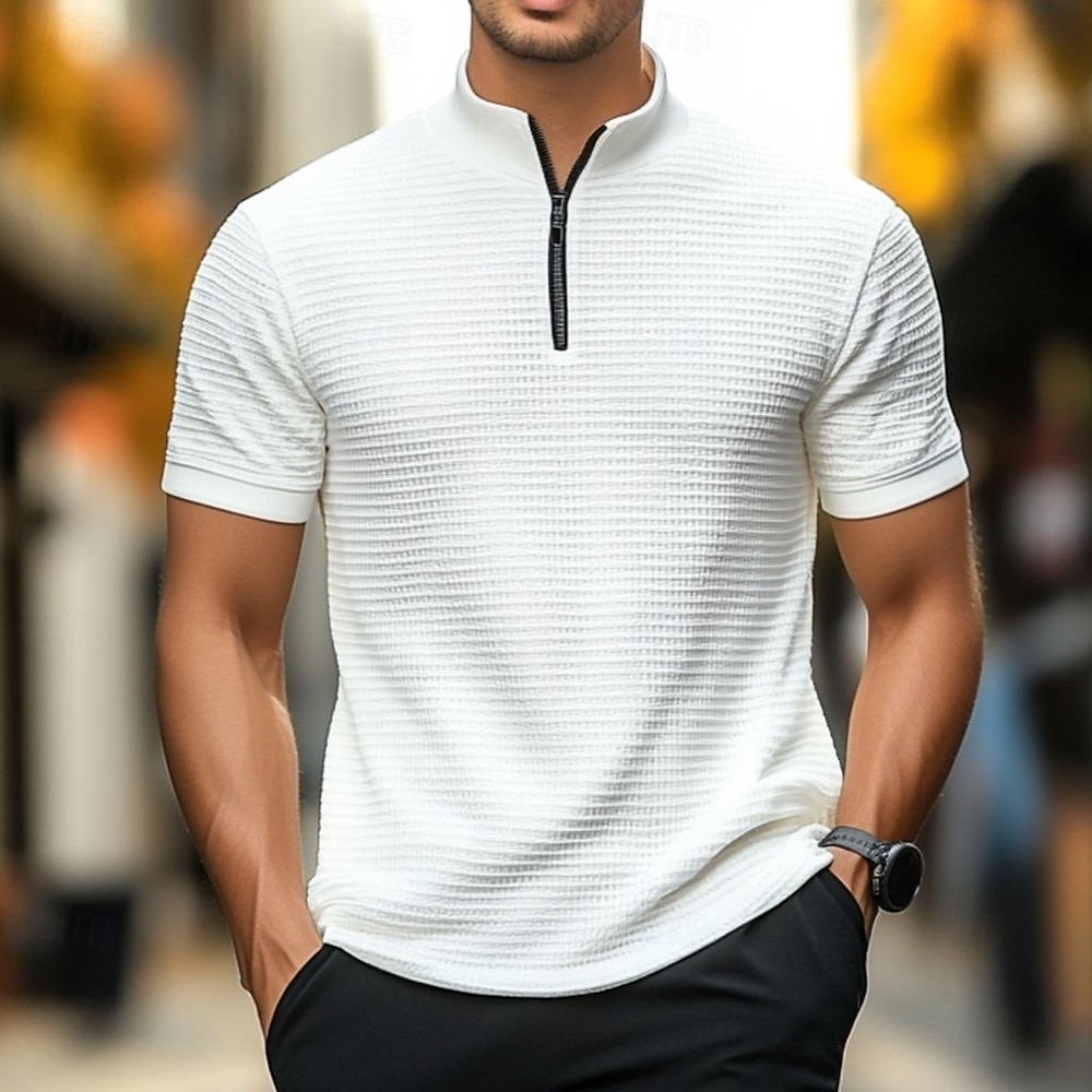 Herren Waffel-Poloshirts Reißverschluss-Polo Lässig Ferien Revers Viertelreißverschluss Kurzarm Mode Basic Einfach Viertel Postleitzahl Sommer Normale Passform Hellblau Schwarz Weiß Grau Lightinthebox