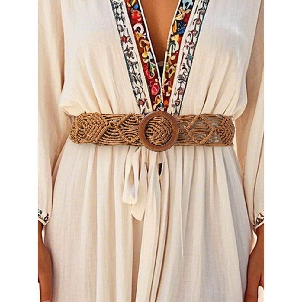 Boho Makramee gewebter Gürtel für Damen - handgefertigter breiter Taillengürtel mit Holzschnalle, Vintage-Chic-Stil für Kleider, lässige Outfits und Sommer-Strandmode Lightinthebox