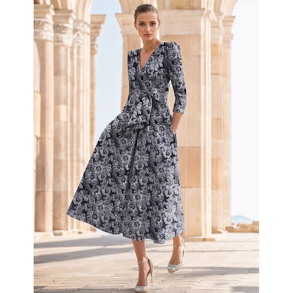 Jacquard A-Linie Cocktailkleider elegantes Kleid Hochzeitsgast Kirche Knöchellänge Halbarm V-Ausschnitt Chiffon mit floraler Schleife(n) 2025 Lightinthebox