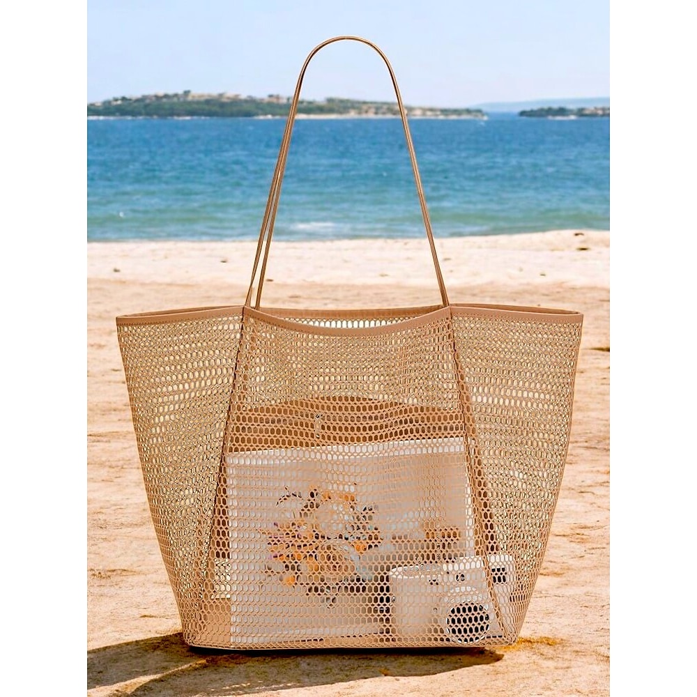 Transparente Mesh-Strandtasche für Damen - große Kapazität, leichte Sommerhandtasche, atmungsaktive Reise-Umhängetasche für Urlaub, Pool, Picknick und Shopping Schwarz Rosa Hellgrün Lightinthebox