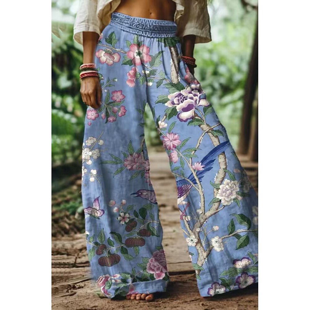 Damen Hose aus Baumwollleinen Stoffhosen Streetwear Lässig Volle Länge Natürliche Taille Blume Drucken Außenbereich Bequem Straße Ausgehen Wasserblau Rosa Blau Blasse Rosa Sommer Normale Passform Lightinthebox