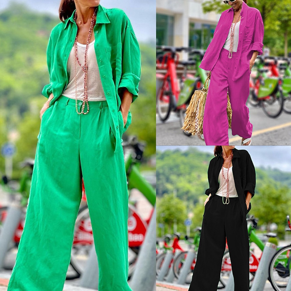 Damen Aktiv Streetwear Hemd Hosen-Sets Langarm Hemdkragen Einfarbig Dubbele Rij Knopen Ausgehen Wochenende Schwarz Fuchsie Grün Sommer Normale Passform Lightinthebox