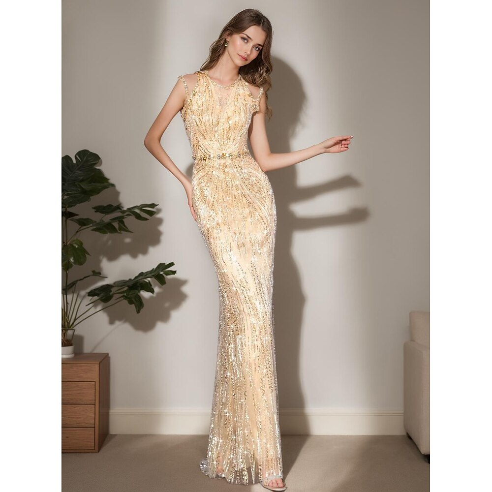 Meerjungfrau/Trompete Abendkleid elegantes Kleid Hochzeitsgast Abend Party bodenlang ärmellos Rundhalsausschnitt Spitze mit Perlen Pailletten 2025 Lightinthebox