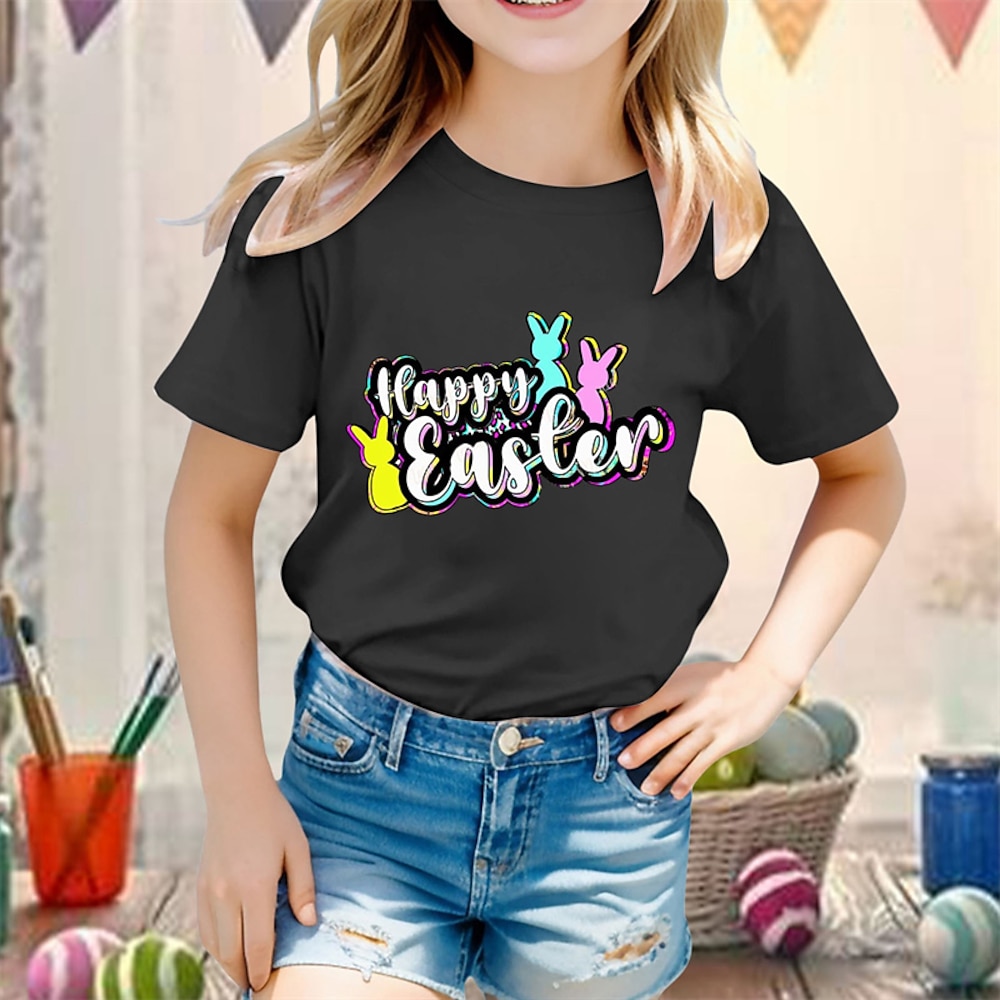 kinderkleidung Mädchen Ostern T-Shirt Hase Kaninchen Outdoor Print Kurzarm Modisch 4 Jahre Sommer Schwarz Weiß Gelb Lightinthebox