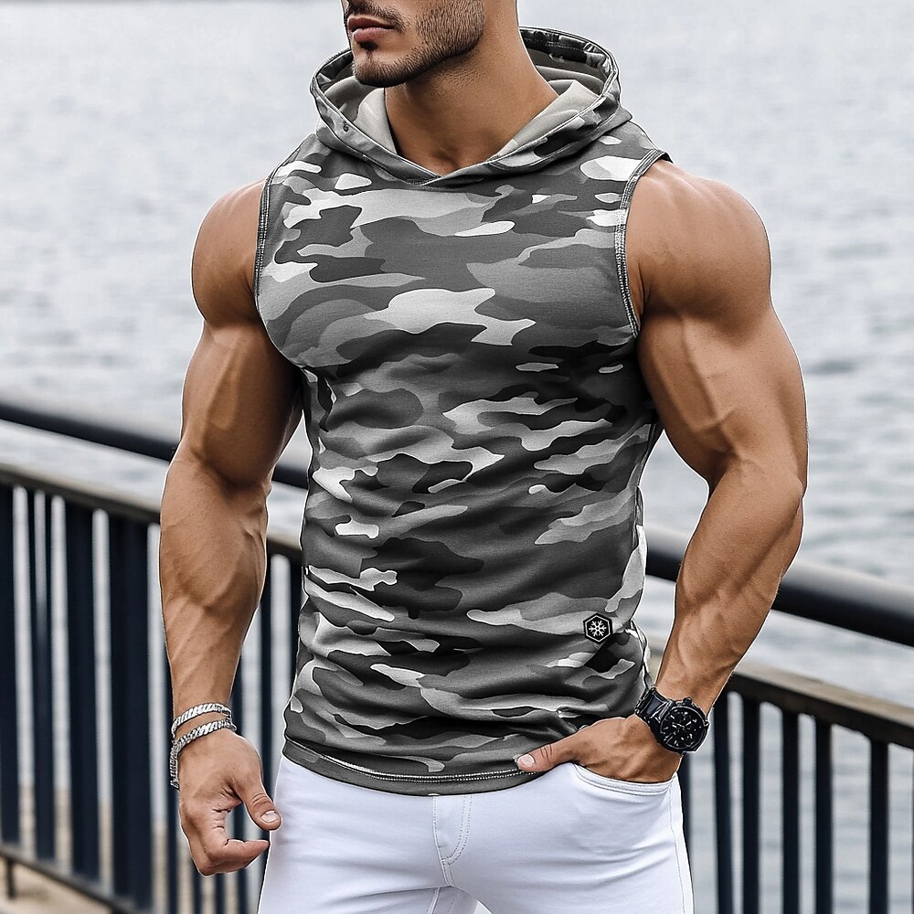 Herren Tank Top Weste Ärmelloser Hoodie Ärmellos Mit Kapuze Sommer Tarnung Mode Streetwear Muskel Mit Kapuze Sport Outdoor Athleisure Fitnessstudio Grün Grau Top T-Shirt für Herren Lightinthebox