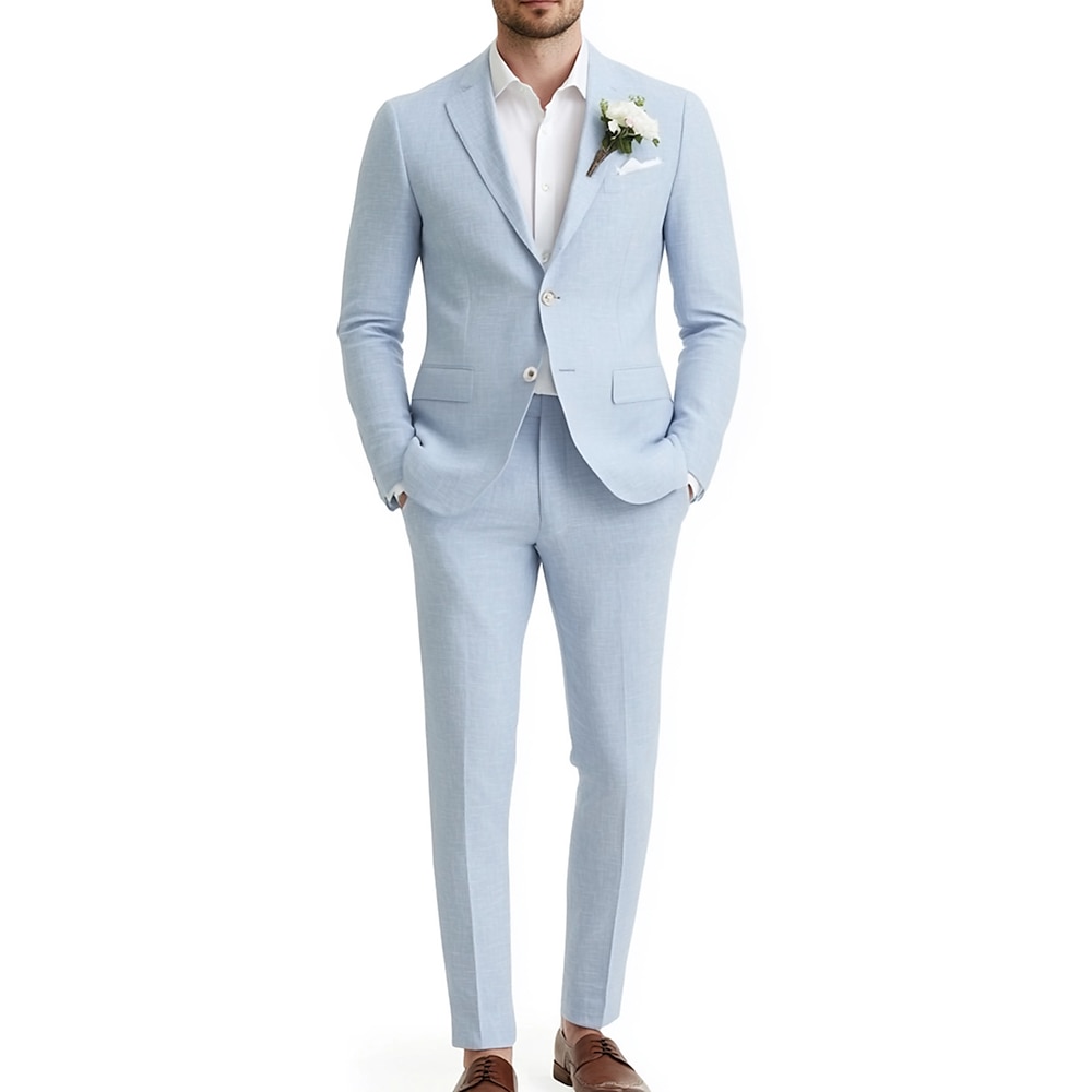 Leinenanzüge für Herren Strandhochzeit Himmelblau Beige Kentucky Derby Modisch Lässig Sommer Einfarbig Standard Passform 2-teilig Einreihig Mit zwei Knöpfen Lightinthebox