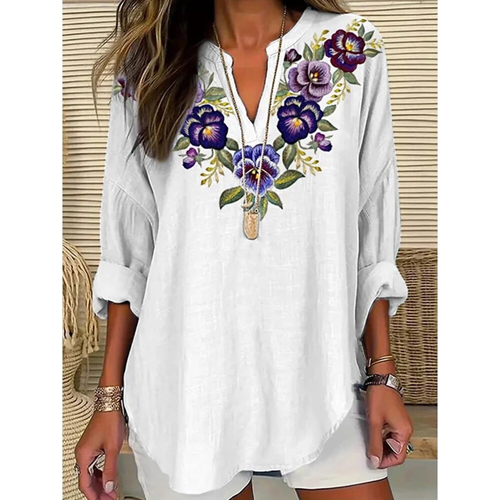 Damen Bluse Blumen Grafik Vintage Tropisch Hawaiianisch Langarm V Ausschnitt Normale Oberteile Täglich Ferien Strandbekleidung Druck Schwarz Weiß Purpur Grau Sommer Frühling Lightinthebox