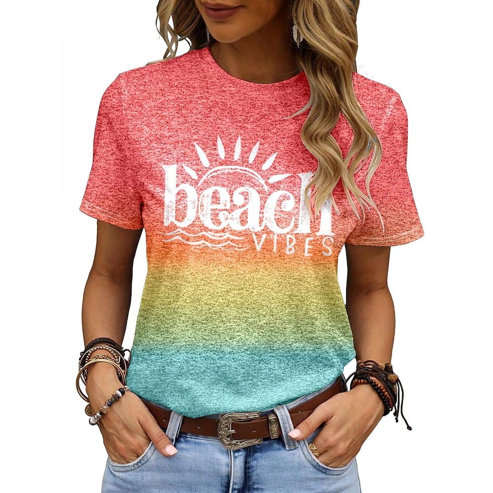 Damen T Shirt Ombre Grafik Buchstabe Stilvoll Lässig Kurzarm Rundhals Normale Oberteile Täglich Wochenende Strandbekleidung Druck Regenbogen Sommer Frühling Lightinthebox