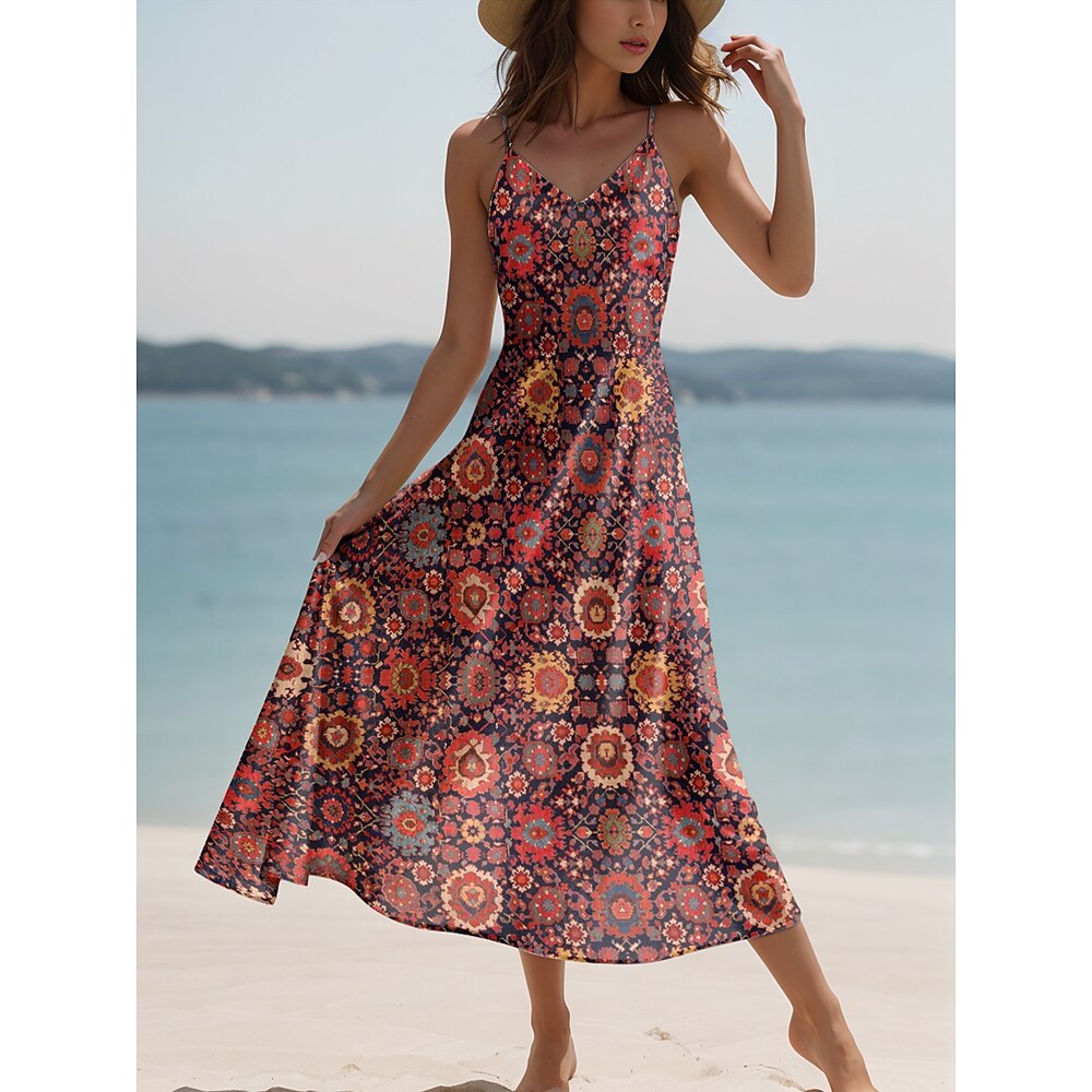 Damen Maxikleid Sommerkleid A Linie Kleid Unterkleid Lässig Strand Normale Passform Grafik Vintage Böhmische Ärmellos V Ausschnitt Spaghettiträger Wein Sommer Frühling Lightinthebox