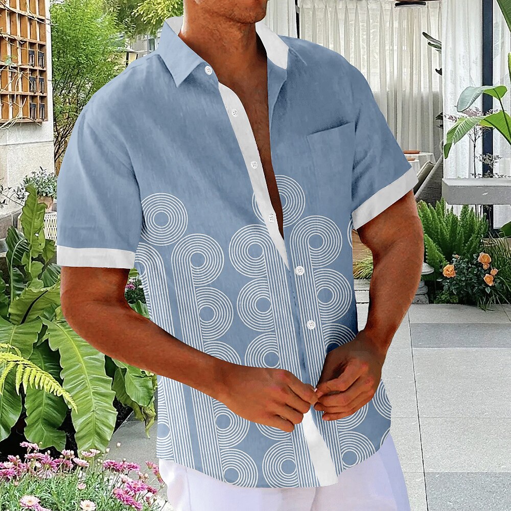 Herren Geometrisch Hemd Knopfhemd Kurzarm Modisch lässig Urlaub Ferien Streetwear Sommer Umlegekragen 3D-Druck Eine Tasche vorne Leinenähnliches Hemd Rosa Blau Khaki Lightinthebox