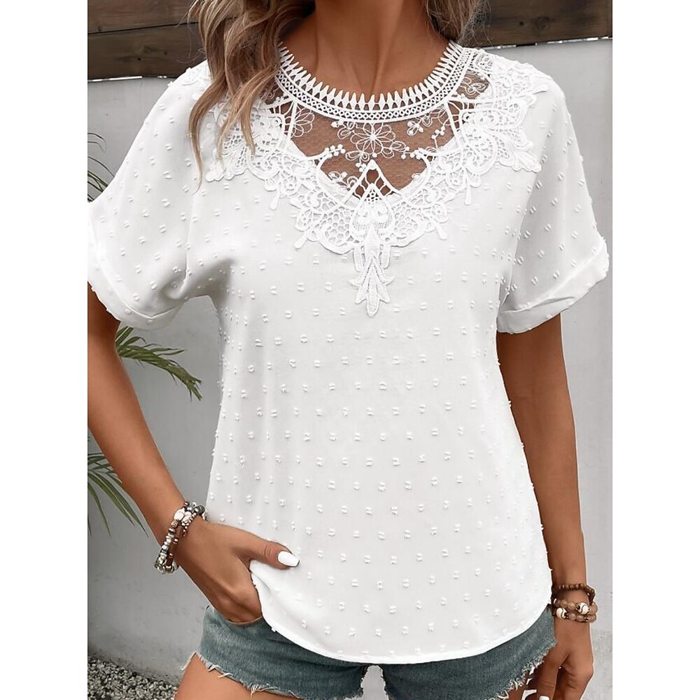 Damen T Shirt Einfach Mode Modern Lässig Kurzarm Rundhalsausschnitt Normale Oberteile Täglich Wochenende Spitze Patchwork Weiß Sommer Lightinthebox
