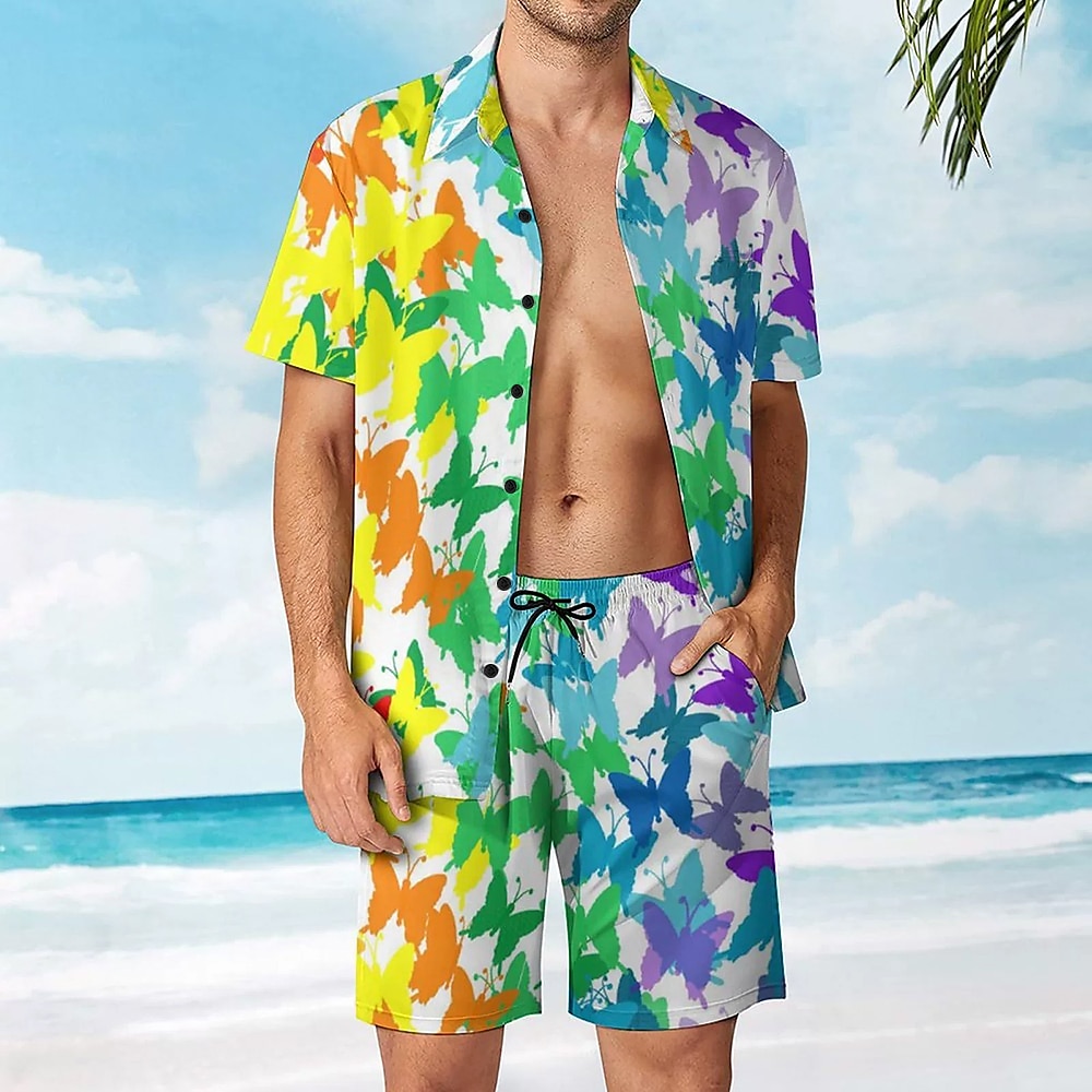 Herren Schmetterling 2St Sommertops Kurzarm Kurze Hosen Hemden-Sets Umlegekragen Resort Outdoor Casual Resort-Kleidung 3D-Druck Rubinrot Lightinthebox