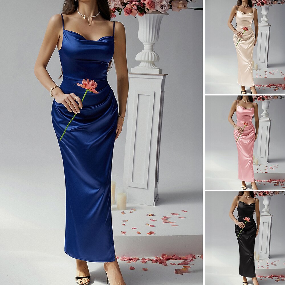 Damen kleid lang Ballkleid abendkleider Satinkleid Elegant Reifen elegante kleider Hochzeit Party kleid hochzeitsgast Regular Fit Glatt Ärmellos Spaghetti-Träger Schwarz Champagner Rosa Blau Sommer Lightinthebox