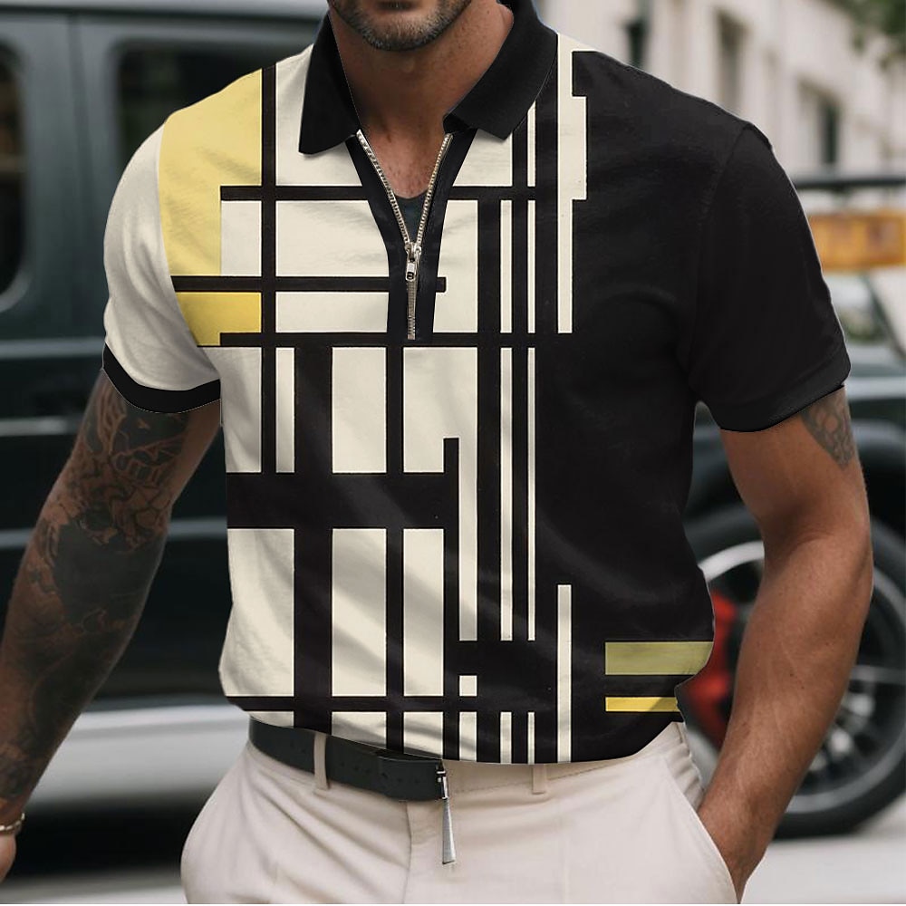 Herren Geometrisch Linie Poloshirts mit Reißverschluss Kurzarm Polo-Shirts Hemden mit Kragen Business-Casual Geschäft Athlässigkeit Tragen Sie, um zu arbeiten Freizeitskleidung 3D-Druck Schwarz Weiß Lightinthebox