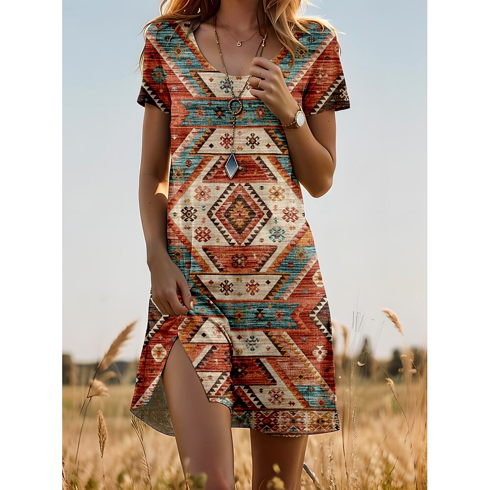 Damen Minikleid T-Shirt-Kleid A Linie Kleid Sommerkleid Urlaub Lässig Täglich Wochenende Normale Passform Grafik Geometrisch Kurzarm Rundhalsausschnitt Khaki Sommer Frühling Lightinthebox