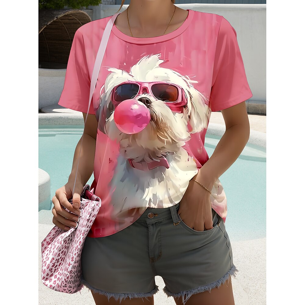 Damen T Shirt Grafik Tiermotiv Hund Stilvoll Lässig Kurzarm Rundhals Normale Oberteile Täglich Wochenende Druck Rosa Sommer Frühling Lightinthebox