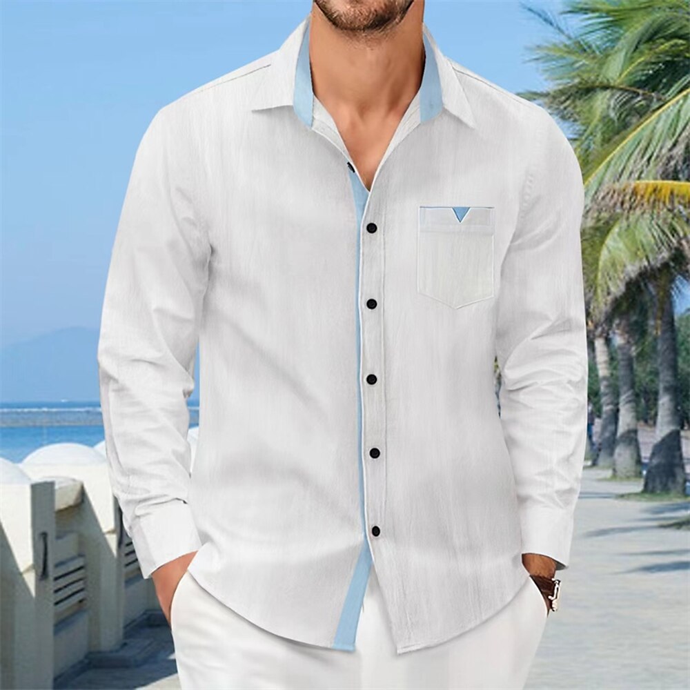 Herren Hemd Sommerhemd Freizeithemd Strandhemd Knopfhemd Schwarz Weiß Himmelblau Kaki Grau Langarm Einfach Revers Urlaub Hawaiianisch Tasche Bekleidung 100% Baumwolle Mode Lässig Bequem Lightinthebox