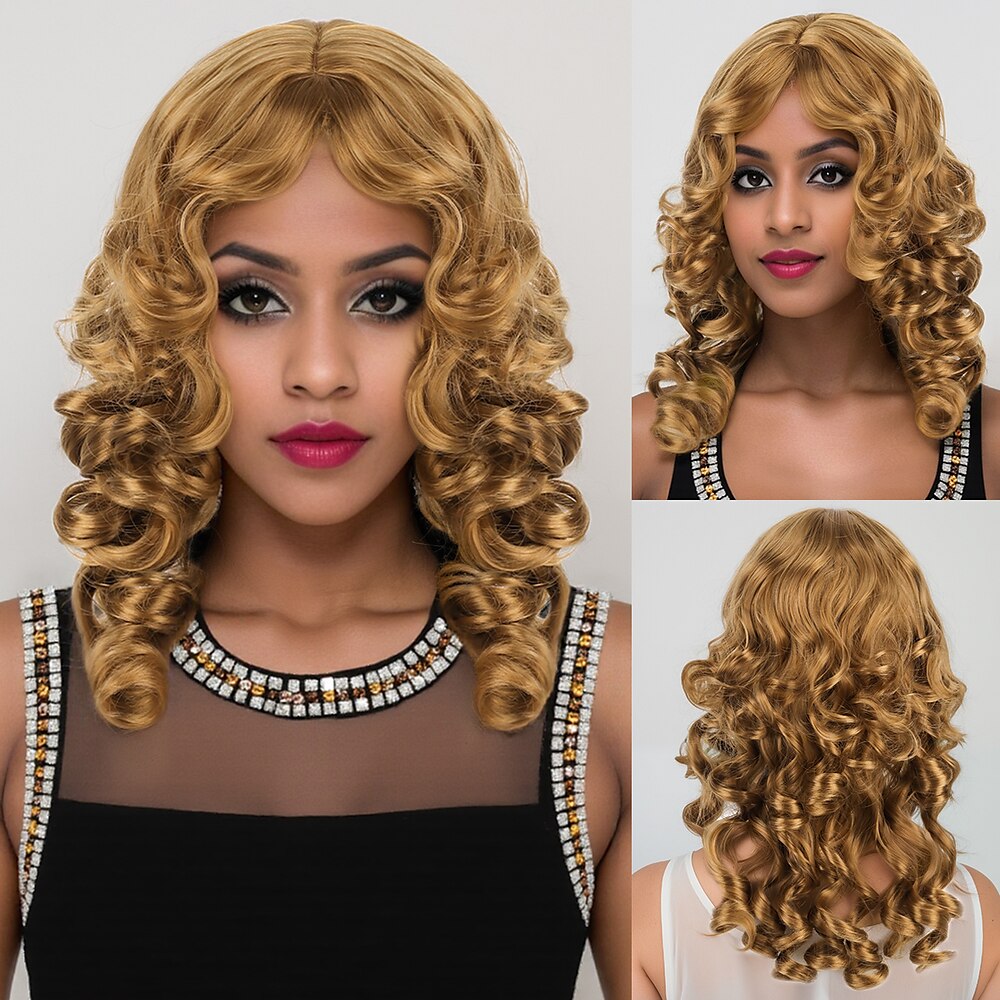 Synthetische Perücken Gewellt Wasserwelle Stufenschnitt Tiefer Scheitel Maschinell hergestellt Perücke 20 Zoll A1 Synthetische Haare Damen Modisches Design Bequem Hervorgehobenes / Balayage-Haar Gelb Lightinthebox