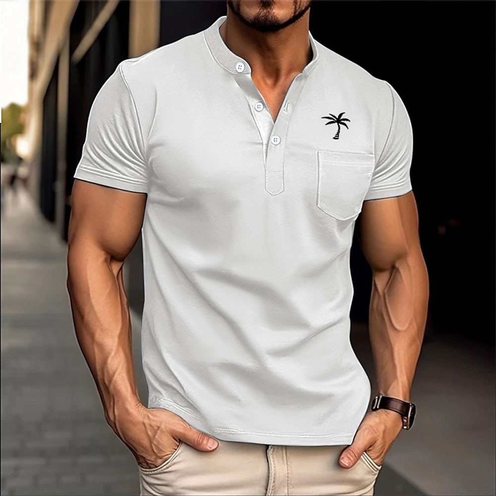 Herren T Shirt Henley Hemd T-Shirt Kurzarmshirt Kurzarm Henley Sommer Einfarbig Mode Designer Bestickt Mode Urlaub Straße Ausgehen Schwarz Weiß Dunkelmarine Top T-Shirt für Herren Lightinthebox