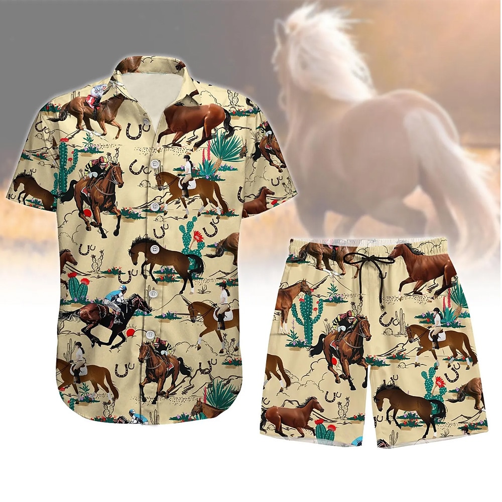 Herren Pferd 2St Hemden-Sets Sommeroberteile Kurzarm Kurze Hosen Umlegekragen Lässig Outdoor Lässig Täglich 3D-Druck Braun Lightinthebox