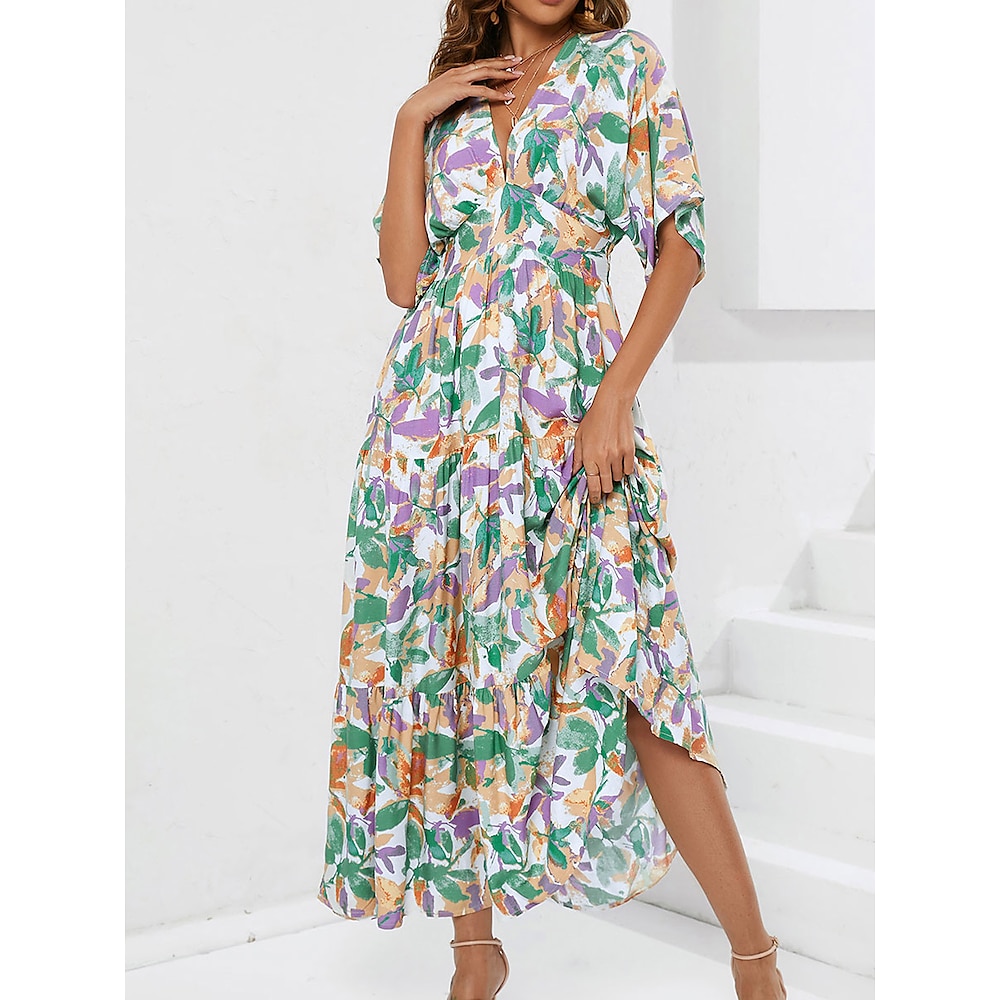 Damen Midikleid Corsagenkleider A Linie Kleid Urlaub Fledermaus Ärmel Urlaub Täglich Regular Fit Graphic Kurzarm V Ausschnitt Regenbogen Sommer Lightinthebox