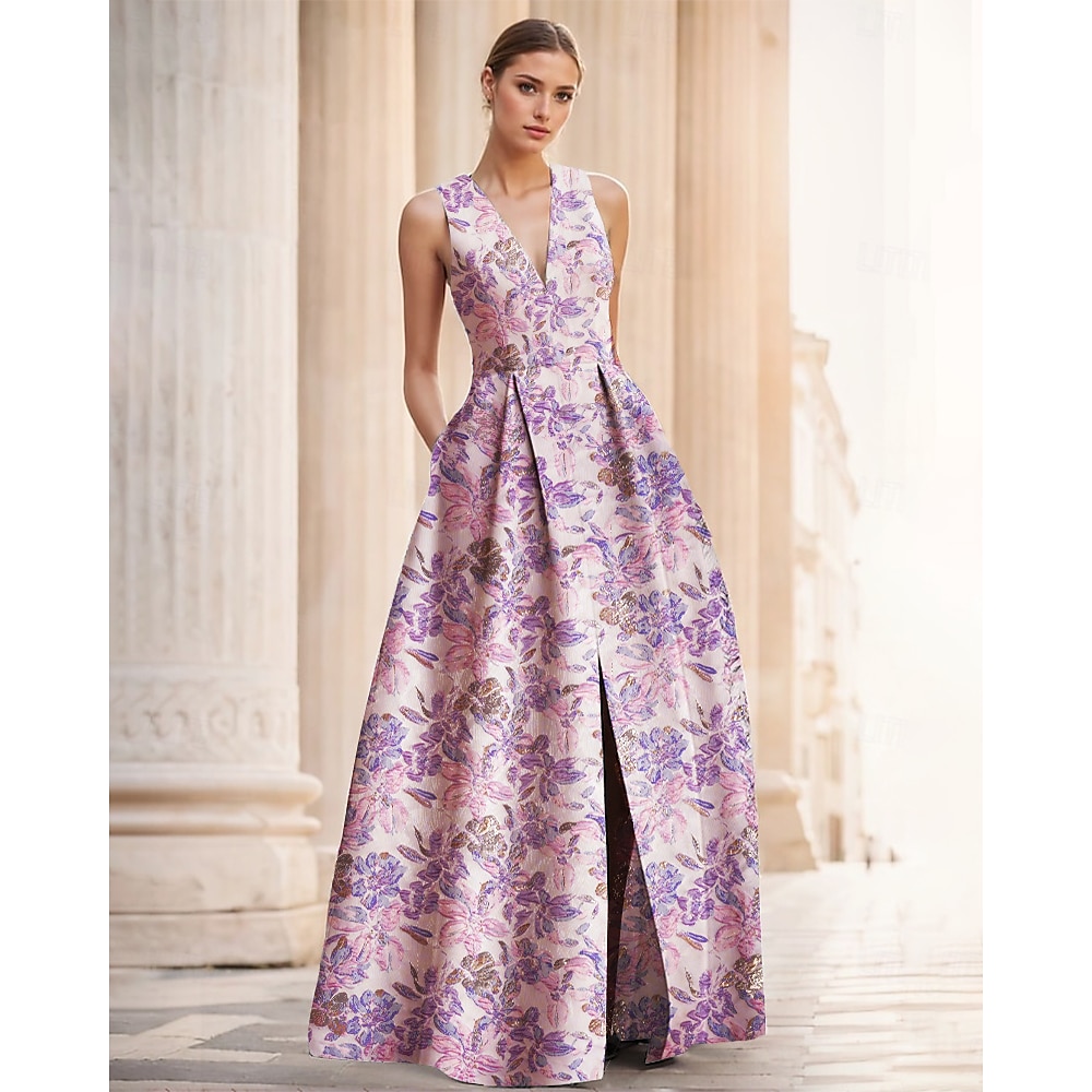 Jacquard-Brokat-A-Linien-Abendkleid, elegantes Kleid, formelle Hochzeit, bodenlang, ärmellos, V-Ausschnitt, Nylon mit Blumendruck, Schlitztasche 2025 Lightinthebox