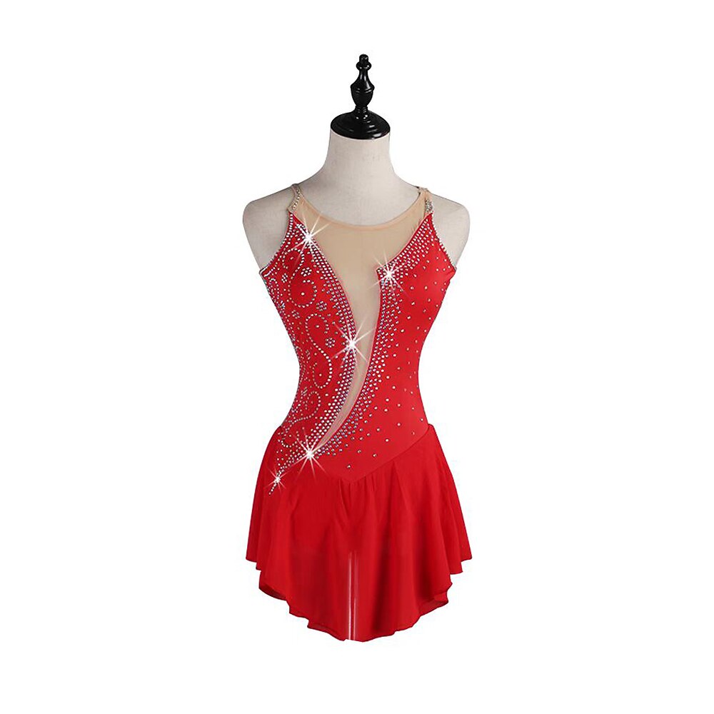 Eiskunstlaufkleid Damen Mädchen Eislaufen Kleid Rot Patchwork Offener Rücken Netzstoff Spandex Dehnbar Training Übung Professionell Eiskunstlaufkleidung Thermowarm Kristall / Strass Ärmellos Lightinthebox