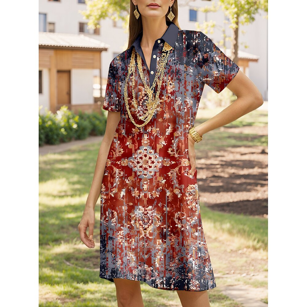Damen Midikleid A Linie Kleid Urlaub Lässig Täglich Date Normale Passform Grafik Geometrisch Abstrakt Kurzarm Hemdkragen Wein Sommer Lightinthebox