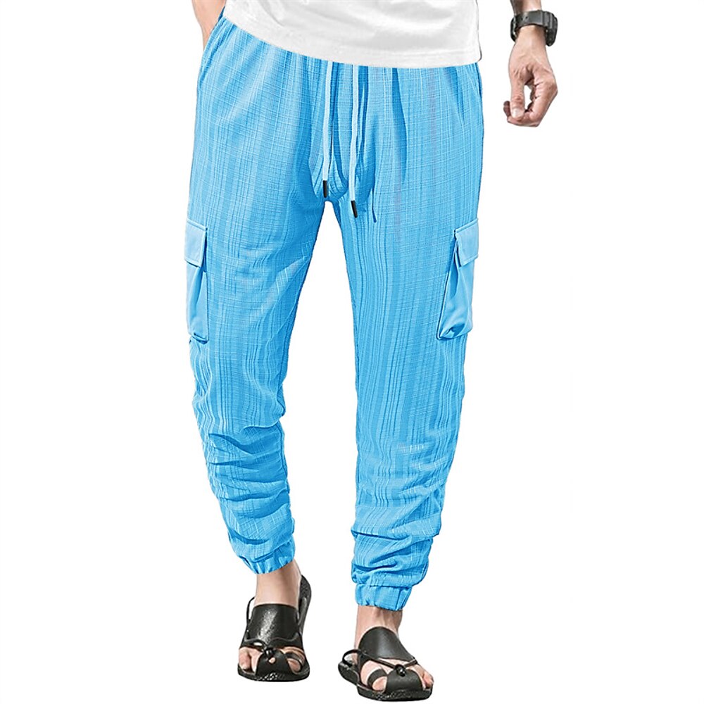 Herren Leinenhosen Hose Sommerhose Strandhose Tasche Kordelzug Elastischer Bund Einfach Komfort Atmungsaktiv Volle Länge Urlaub Täglich Ferien Hawaiianisch Boho Schwarz Weiß Lightinthebox
