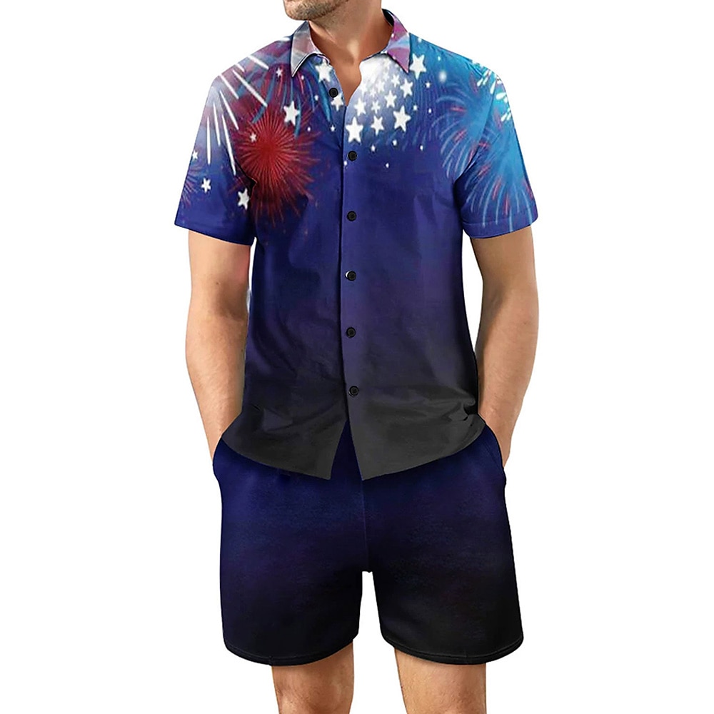 Herren Stern 2St Sommertops Kurzarm Kurze Hosen Hemden-Sets Umlegekragen Casual Outdoor Heim Casual 3D-Druck Rubinrot Lightinthebox