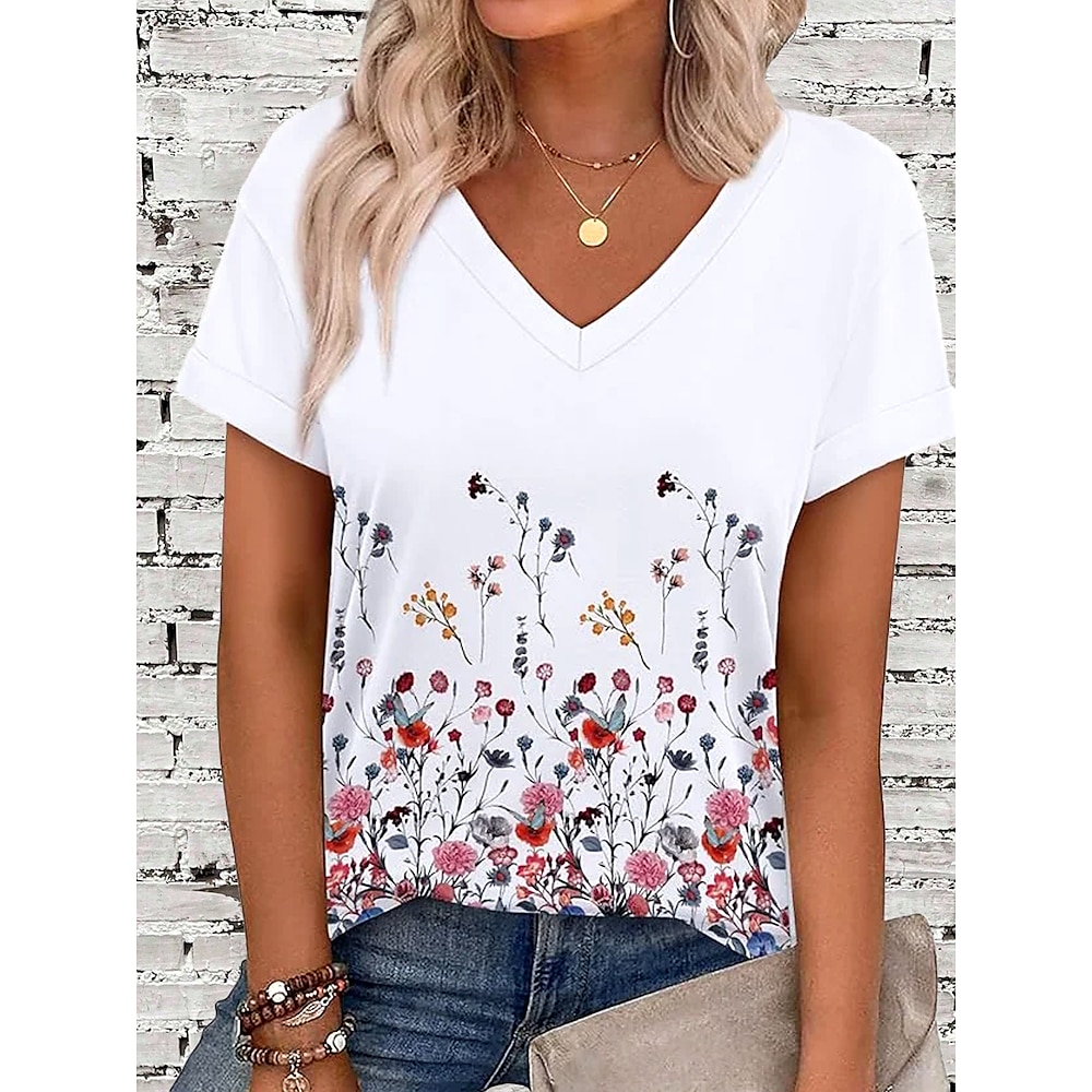 Damen T Shirt Ombre Blumen Grafik Lässig Kurzarm V Ausschnitt Normale Oberteile Täglich Druck Weiß Sommer Frühling Lightinthebox