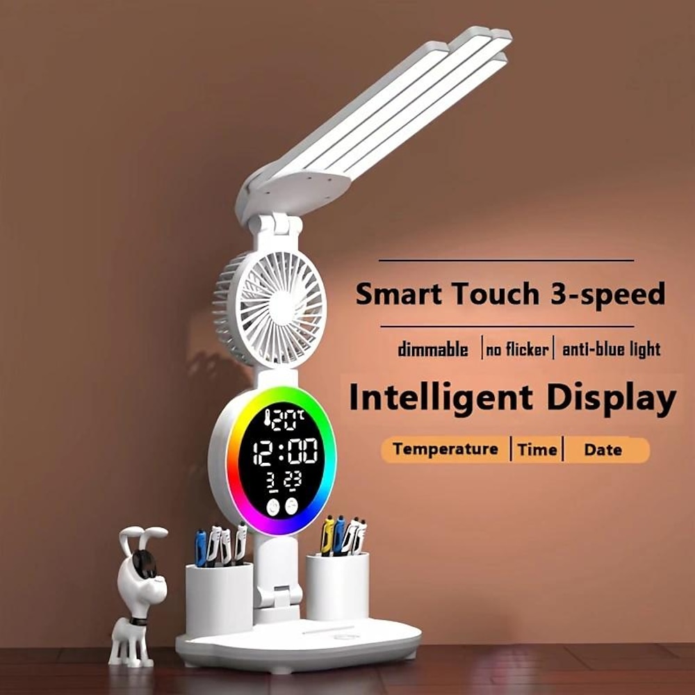 1 Stück multifunktionale Schreibtischlampe mit Augenschutz, flimmerfrei, Anti-Blaulicht, drei Dimmstufen, stufenloses Dimmen, RGB-Umgebungslicht, Uhr, drei Einstellstufen, Ventilator, USB-Aufladung Lightinthebox