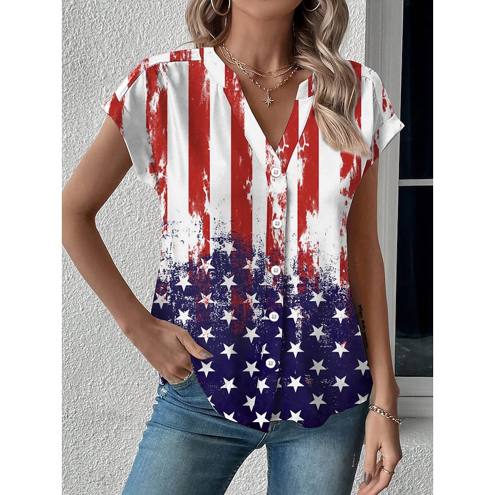 Amerikanischer Unabhängigkeitstag Damen Sommeroberteile Bluse Grafik Flagge Täglich Kurzarm V Ausschnitt Normale Oberteile Täglich Knöpfe Druck Blau Sommer Lightinthebox