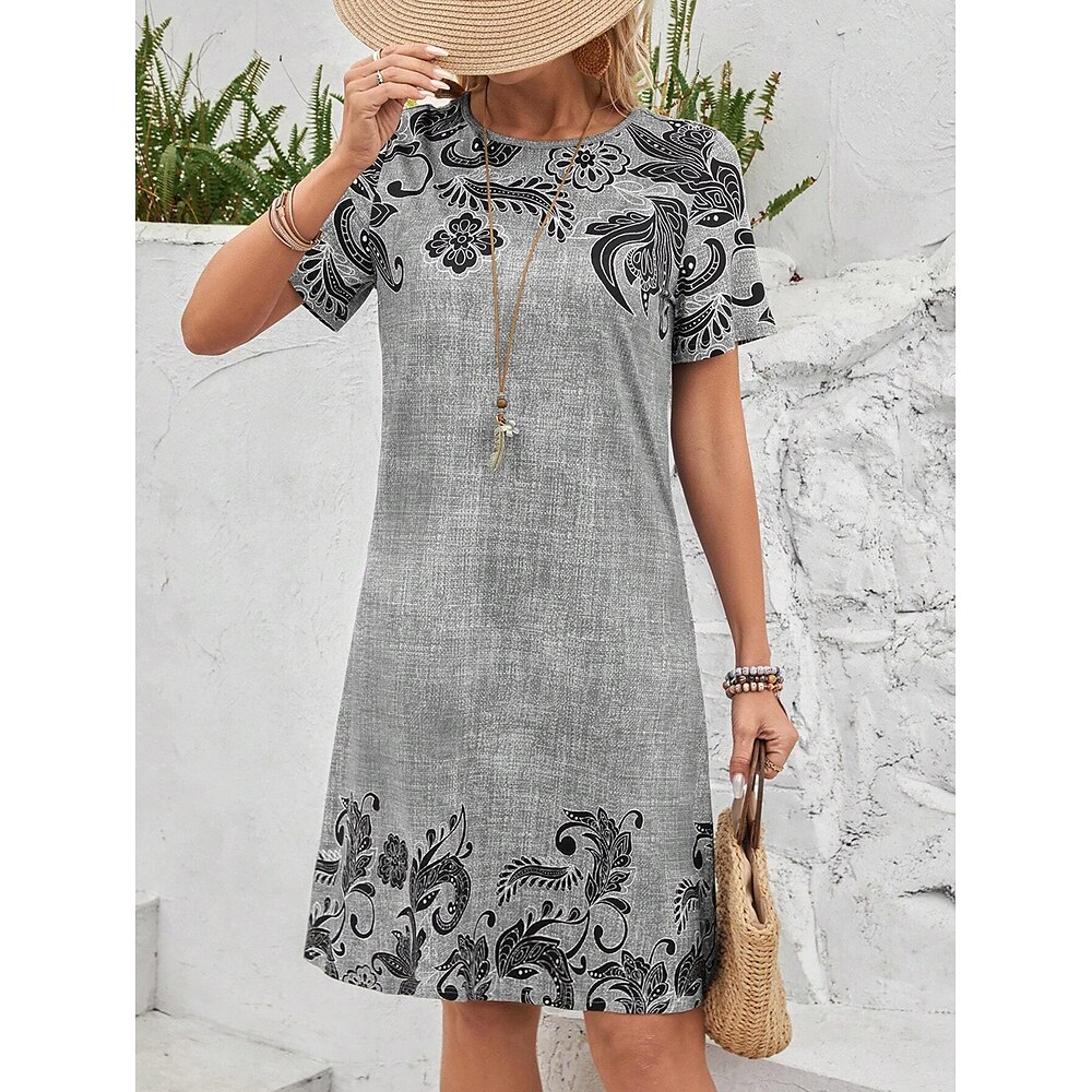 Damen Minikleid T-Shirt-Kleid Shiftkleid Sommerkleid Formell Arbeit Täglich Normale Passform Blumen Grafik Paisley-Muster Kurzarm Rundhalsausschnitt Grau Sommer Frühling Lightinthebox