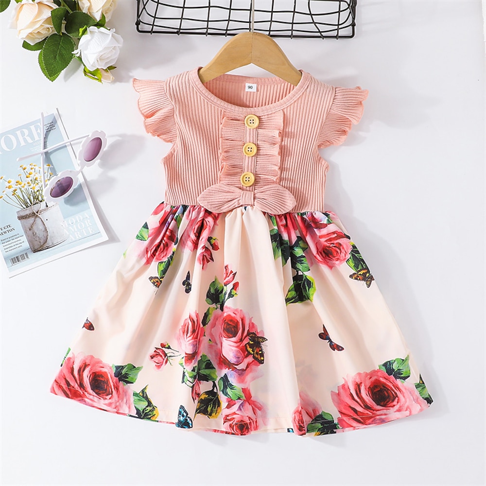 kinderkleidung Mädchen Kleid Blumenkleid Blume Ärmellos Outdoor Casual Rüsche Modisch Täglich Baumwolle Knielang Casual kleid A Linie Kleid Sommer 4 Jahre Schwarz Rosa Wein Lightinthebox