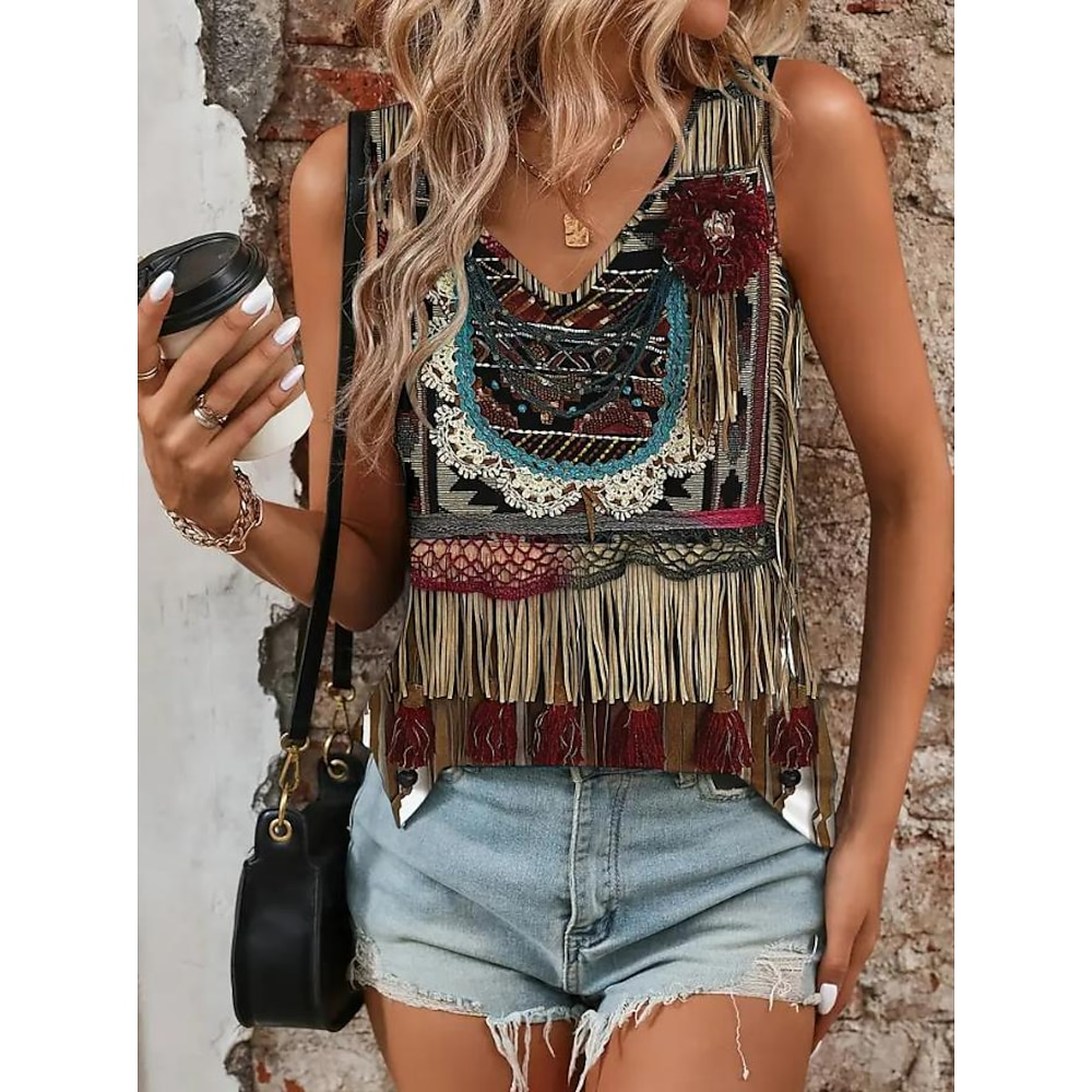 Damen Camisole Tank Top Grafik Geometrisch Vintage Ethno Boho Ärmellos V-Ausschnitt Normal Oberteile Alltag Urlaub Strandkleidung Print Braun Sommer Lightinthebox