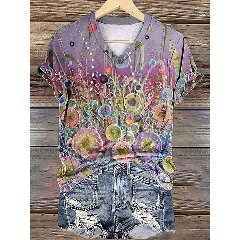 Damen T Shirt Ombre Blumen Grafik Lässig Kurzarm V Ausschnitt Normale Oberteile Täglich Druck Purpur Sommer Frühling Lightinthebox