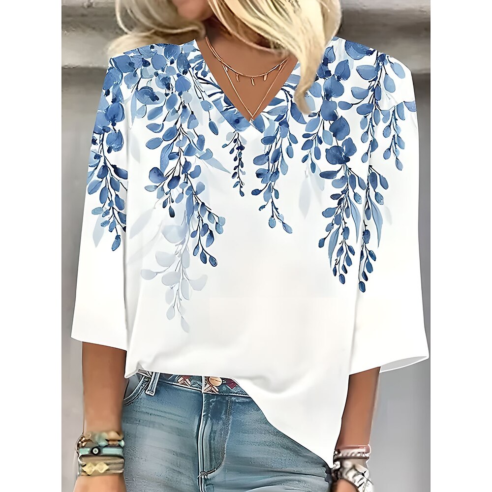 Damen Bluse Grafik Blatt Stilvoll Strand Kurzarm V Ausschnitt Normale Oberteile Täglich Druck Blau Purpur Grün Frühling Herbst Lightinthebox