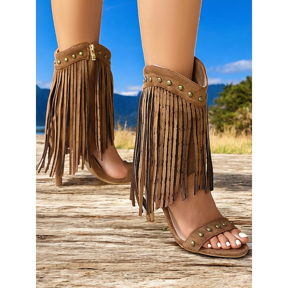 Damen-Western-Fransensandalen - braune Sandalen aus böhmischem Wildleder mit offener Spitze und Absatz und Nietendetails für den Cowgirl-Stil, Musikfestivals und Sommerausflüge Lightinthebox