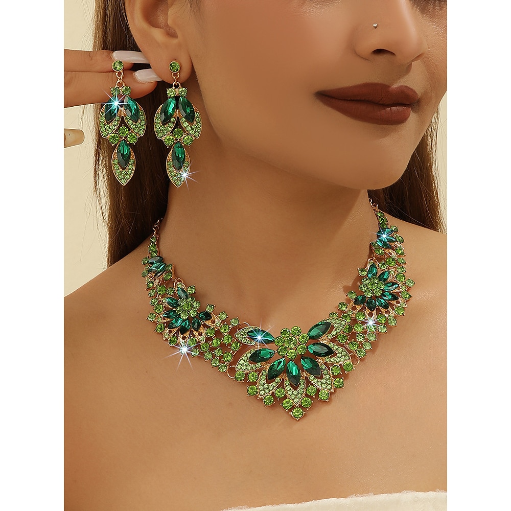 elegantes Schmuckset mit grünem Kristall - Statement-Halskette und Ohrringe für Damen, luxuriöse Hochzeits- und Party-Accessoires Lightinthebox