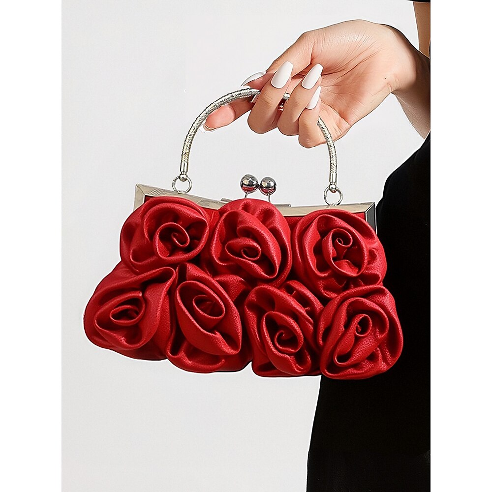 Abendclutch für Damen mit 3D-Rosenblüte - elegante Handtasche aus Satin mit Blumenmuster und Kette für Hochzeiten, Partys und besondere Anlässe Lightinthebox