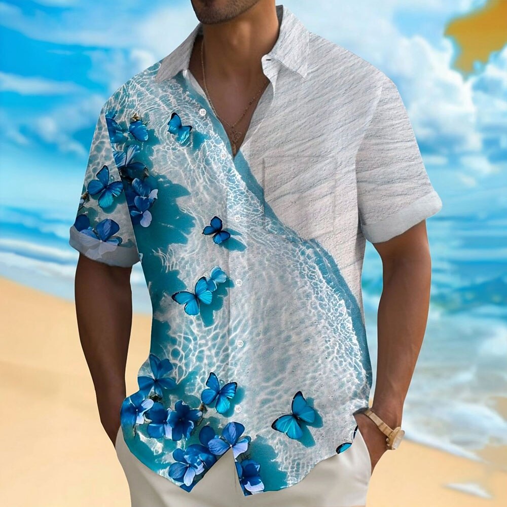 Herren Schmetterling Ozean Hemd Sommer Hawaiihemd Knopfhemd Kurzarm Hawaiianisch Urlaub Ferien Strandbekleidung Sommer Frühling Umlegekragen 3D-Druck Hemden mit Kragen Eine Tasche vorne Weiß Lightinthebox