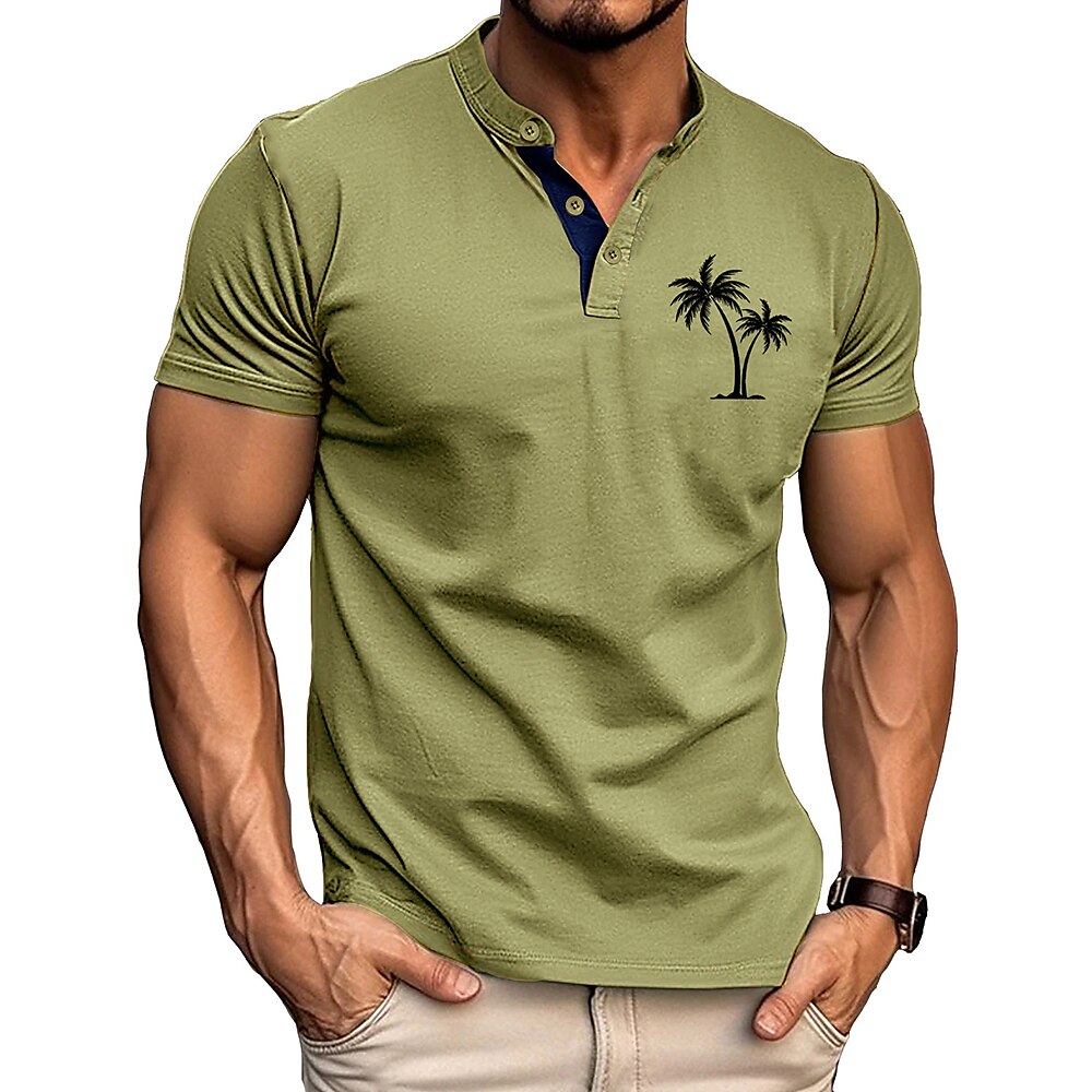 Herren T Shirt Henley Hemd T-Shirt Kurzarmshirt Kurzarm Henley Sommer Blatt Mode Designer Mode Urlaub Straße Ausgehen Schwarz Weiß Blau Top T-Shirt für Herren Lightinthebox