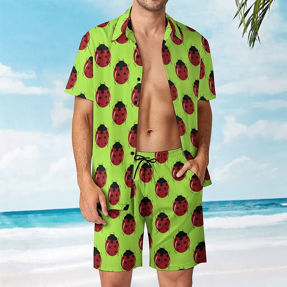 Herren Käfer 2St Hawaiihemd Sommerhemd Kurzarm Kurze Hosen Hemden-Sets Umlegekragen Strandurlaub Casual Täglich Urlaubskleidung 3D-Druck Grün Lightinthebox