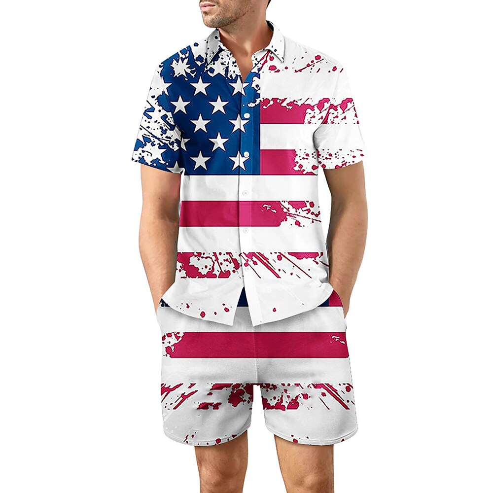 Amerikanischer Unabhängigkeitstag Herren Amerikanische US-Flagge 2St Hemden-Sets Hemd Set Kurzarm Kurze Hosen Umlegekragen Lässig Outdoor Lässig Täglich 3D-Druck Rote Lightinthebox