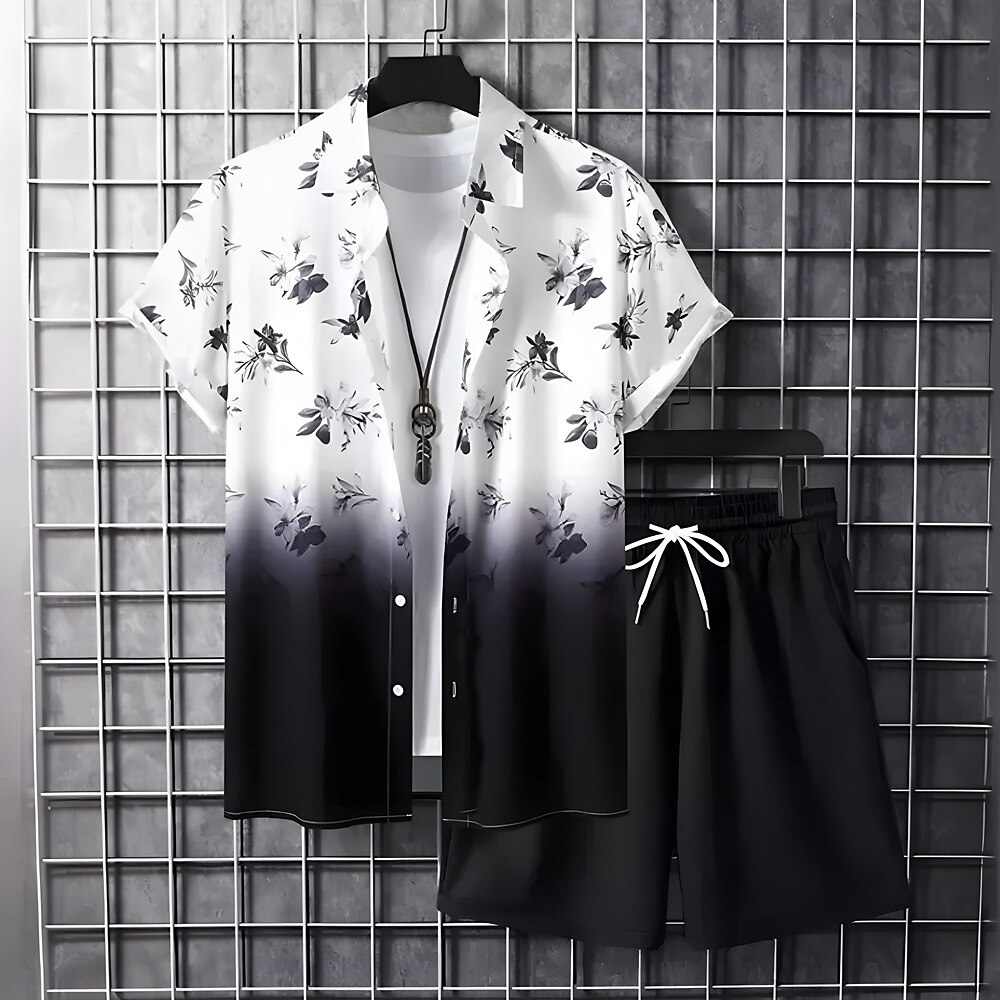 Herren Sommer Blumen 2St Hemden-Sets Sommer Hawaiihemd Kurzarm Kurze Hosen Umlegekragen Lässig Resort Lässig Täglich Strandurlaub 3D-Druck Schwarz / Weiß Lightinthebox