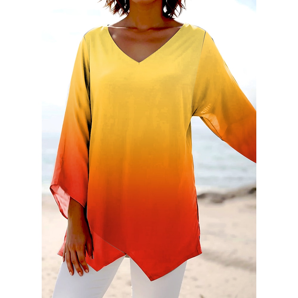 Damen Bluse Ombre Grafik Hawaiianisch Stilvoll Lässig Kurzarm V Ausschnitt Normale Oberteile Täglich Ferien Ausgehen Druck Himmelblau Fuchsie Orange Sommer Frühling Lightinthebox